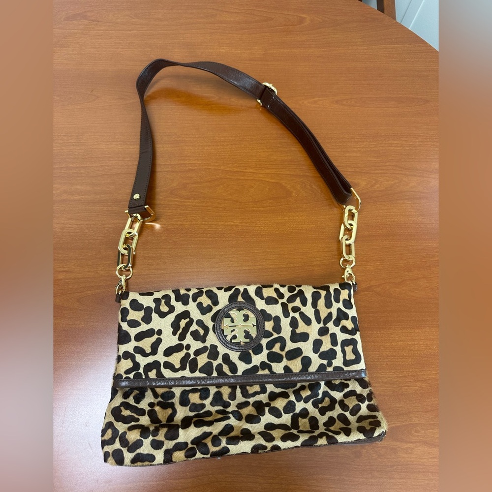 Tory Burch Leopard Print Calf Hair Shoulder Bag with Chain Accents
